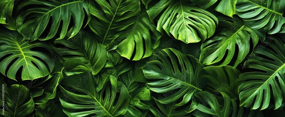 A vibrant tapestry of lush, deep green monstera leaves. A vibrant tapestry of lush, deep green monstera leaves.