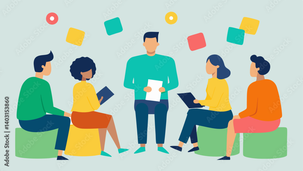 Obraz premium Group Therapy Session A the with a clipboard sitting in a circle with participants facilitating a discussion on mental health with colorful sticky notes on a wall summarizing