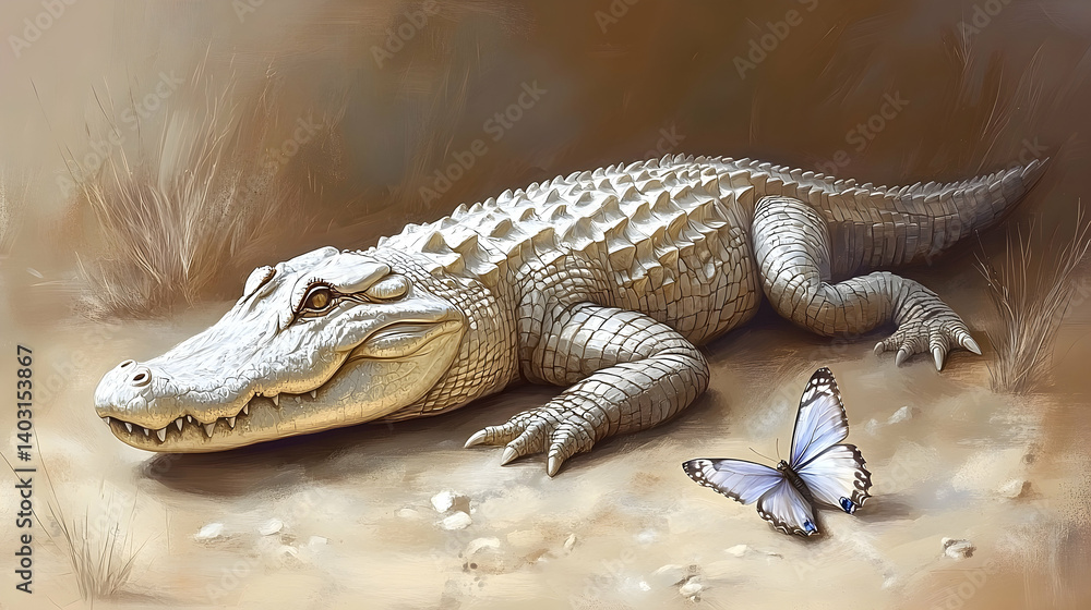Fototapeta premium A majestic albino alligator resting in the desert sun, alongside a delicate butterfly.