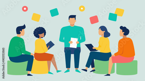 Group Therapy Session A the with a clipboard sitting in a circle with participants facilitating a discussion on mental health with colorful sticky notes on a wall summarizing