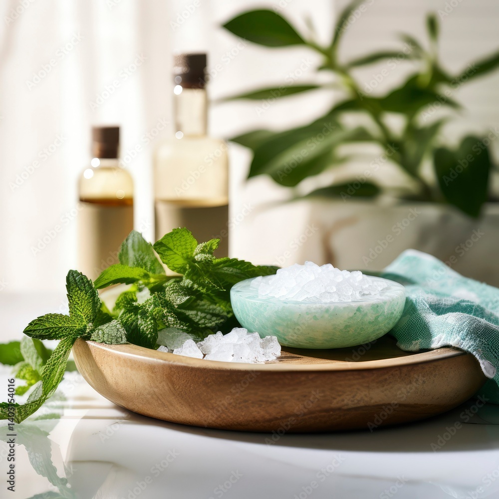 Tranquil Spa Setting with Mint, Essential Oils, and Bath Salts Tranquil Spa Setting with Mint, Essential Oils, and Bath Salts