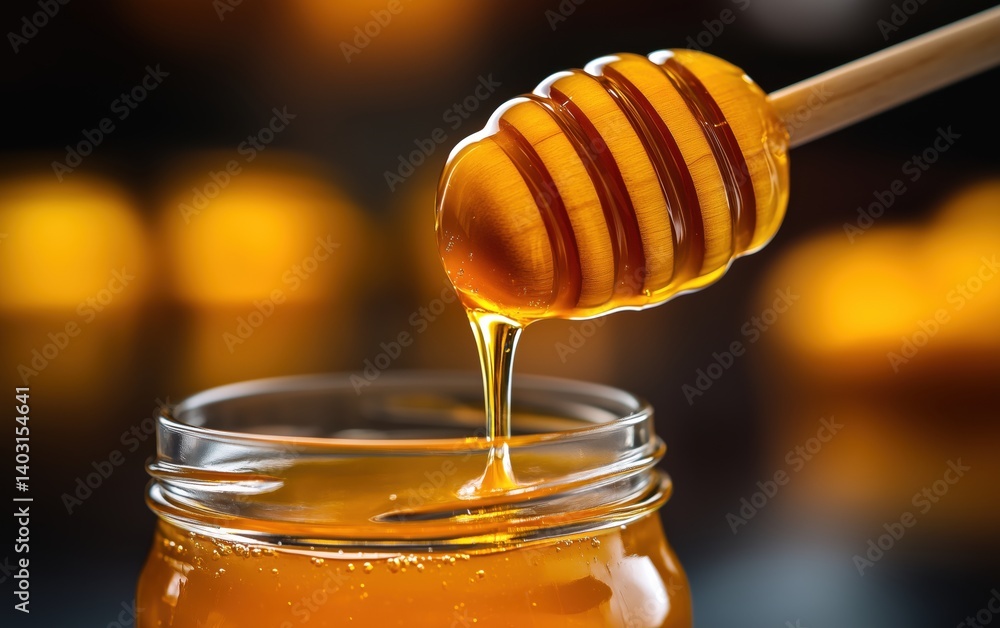 Golden Honey Dripping from Dipper into a Jar - A Sweet Treat Golden Honey Dripping from Dipper into a Jar - A Sweet Treat