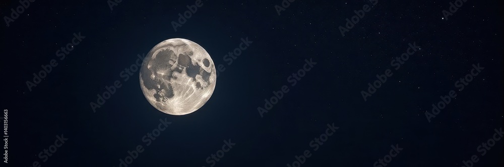 Fototapeta premium Full moon, stark black backdrop, celestial detail, full moon, silver