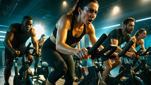Group of determined athletes are pushing their limits during a high-intensity cycling class, their faces reflecting the effort and focus required to conquer the challenging workout
