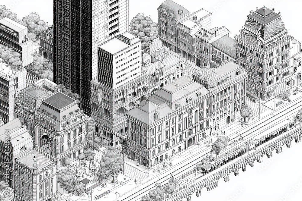 Urban Cityscape Illustration with Diverse Architecture and Scenic Street Elements Urban Cityscape Illustration with Diverse Architecture and Scenic Street Elements