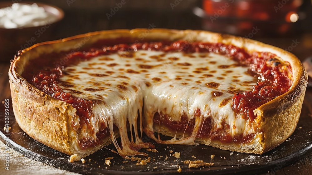 Naklejka premium Deep dish pizza delight chicago style food photography cozy kitchen setting overhead perspective
