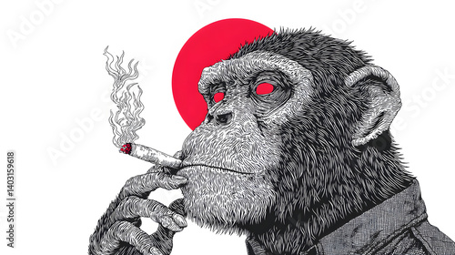Smoking Monkey, Wild Monkey smoking a cigarette, illustration