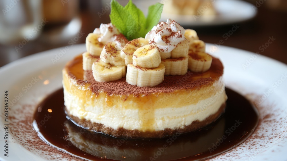 A delicious banana cream cheesecake topped with cocoa and whipped cream. A delicious banana cream cheesecake topped with cocoa and whipped cream.