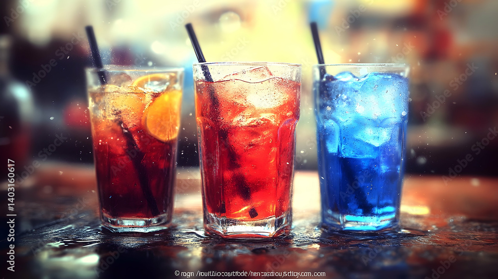 Colorful refreshing drinks in glasses on a bar. Colorful refreshing drinks in glasses on a bar.