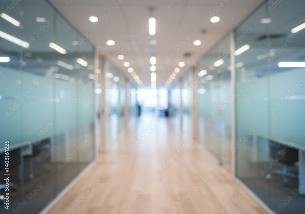 Blurred view of a long office hallway with glass walls and bright lights illuminating the space Blurred view of a long office hallway with glass walls and bright lights illuminating the space