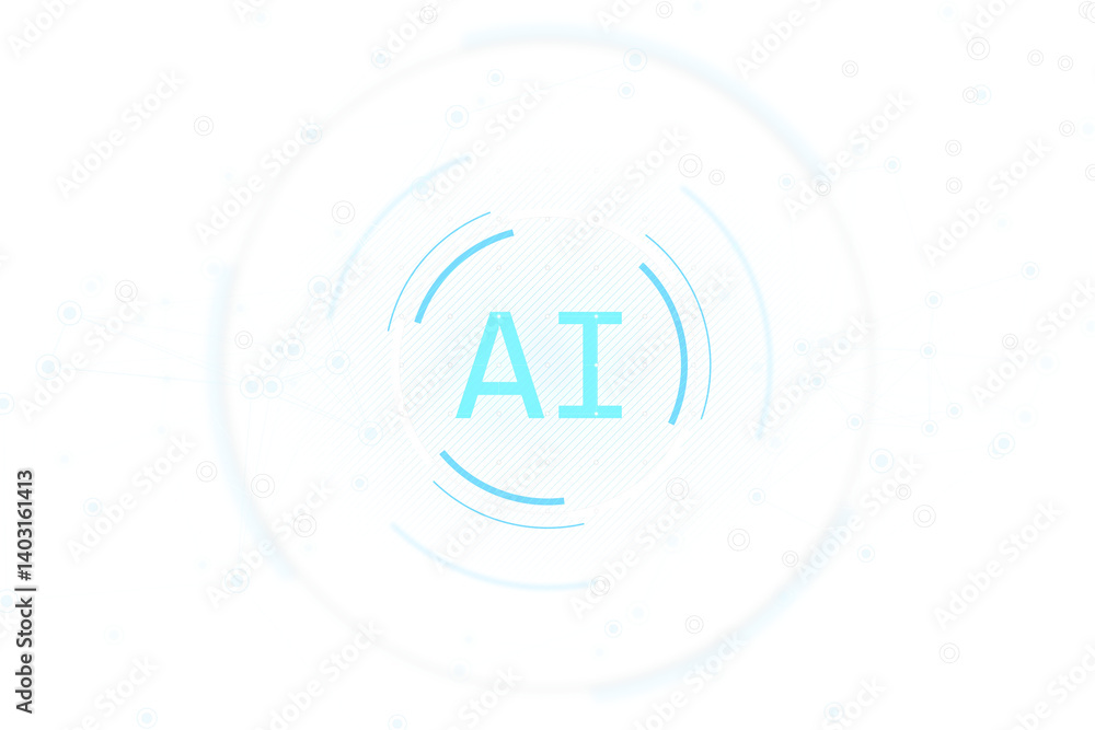 Abstract AI icon in blue circle with digital elements, futuristic tech style, isolated on white background. Concept of artificial intelligence. 3D Rendering.