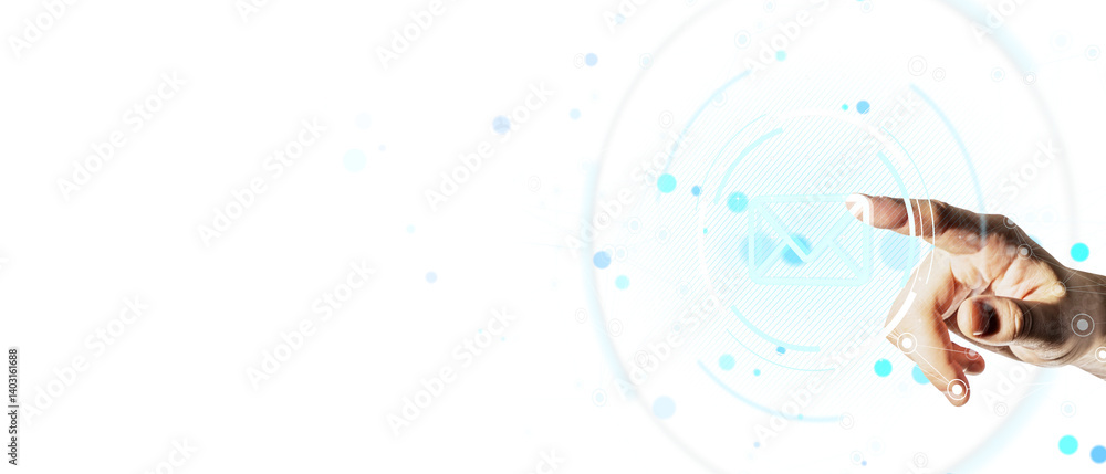 Closeup hand of person tapping email icon on transparent digital interface with light tech elements on white background, concept of communication