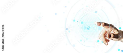Obraz na płótnie Closeup hand of person tapping email icon on transparent digital interface with light tech elements on white background, concept of communication w salonie