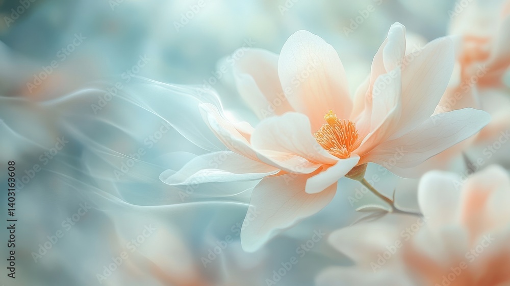 Fototapeta premium Delicate magnolia flower blooming softly with ethereal background hues