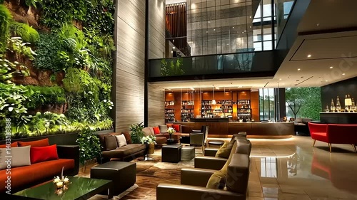 Modern hotel lobby featuring lush vertical garden, elegant seating areas, and bar