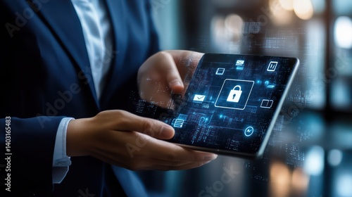 Businessperson secures data on tablet, office background, cybersecurity concept