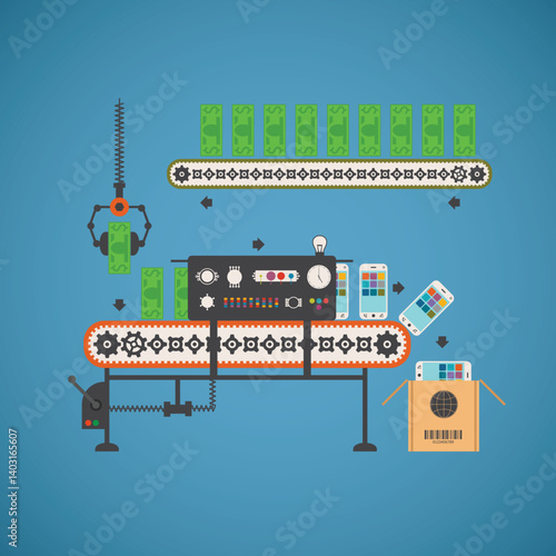 Vector concept of fund investment with smartphones and notes on conveyor line
