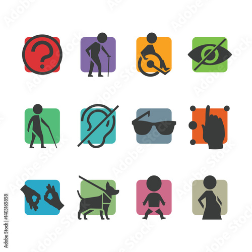 Vector colorful icon set of access signs for physically disabled people