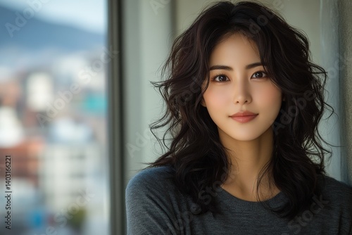 Young Asian woman with dark, wavy hair near window with blurred cityscape Free Download Young Asian woman with dark, wavy hair near window with blurred cityscape - GFXLoad