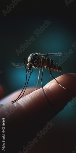 An extreme macro closeup of a mosquito, a common insect pest, sucking blood on skin