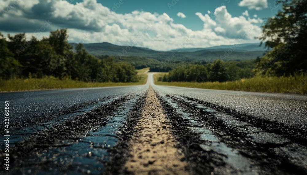 Fototapeta premium Empty highway stretches into a vista of rolling hills.