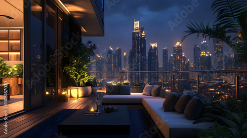 Luxury penthouse balcony with city skyline view at night
