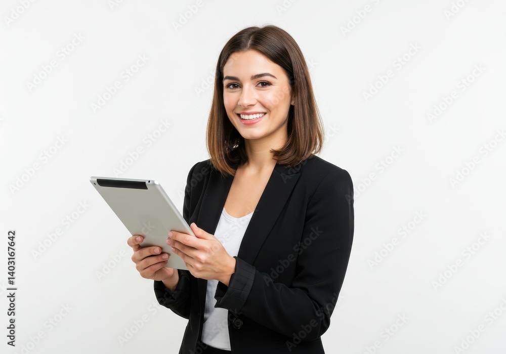 Smiling woman in blazer holding a tablet against a white background looking at the camera Smiling woman in blazer holding a tablet against a white background looking at the camera