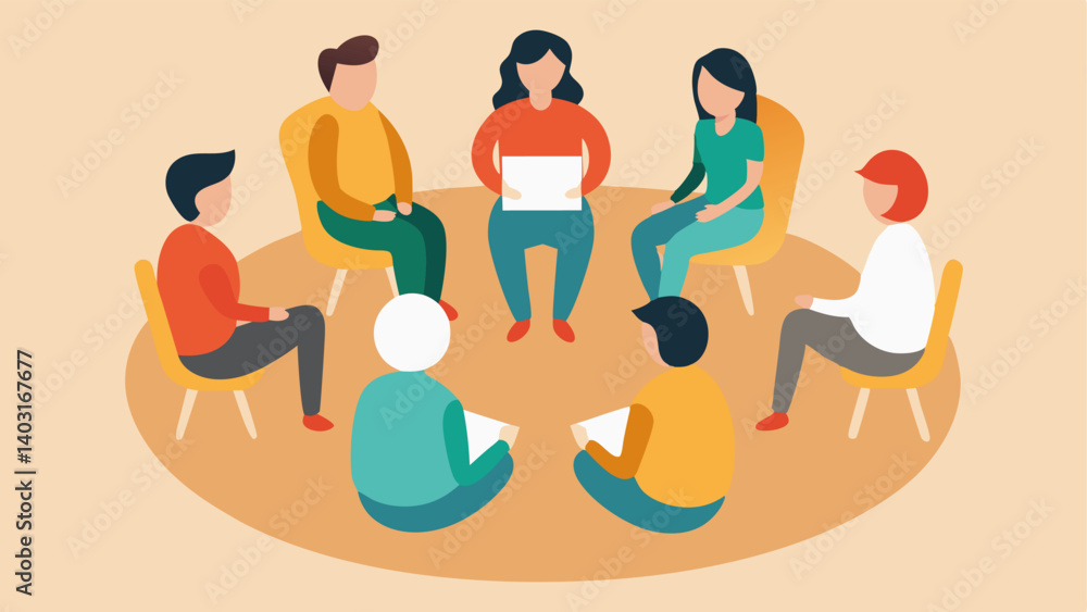 Group Support Circle A warm illustration depicting a circle of people seated in chairs engaged in an attentive group support session with one person sharing while others listen