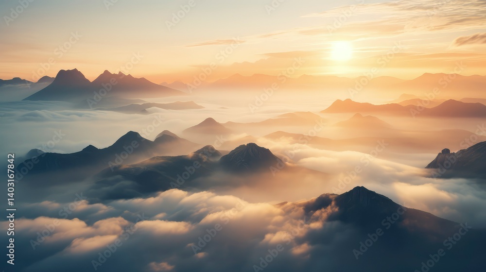 Golden Hour Sunrise Over Misty Mountain Peaks