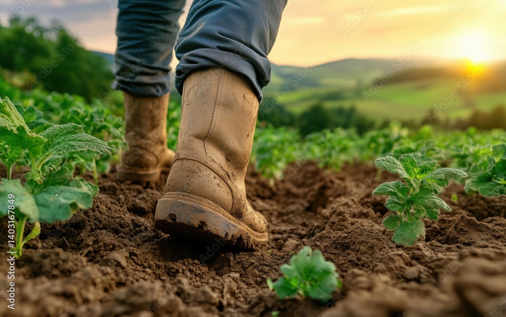 Farmer's Hands in the Soil: A Rural Sunset Scene Farmer's Hands in the Soil: A Rural Sunset Scene