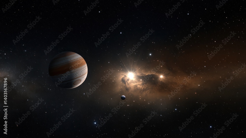 Cosmic expanse featuring a gas giant, nebulae, and distant stars. A vibrant, mysterious celestial landscape Cosmic expanse featuring a gas giant, nebulae, and distant stars. A vibrant, mysterious celestial landscape