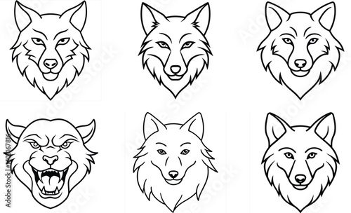 Set of wolf head line art vector design.