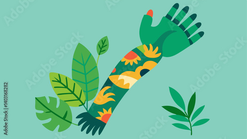 JungleThemed Arm A leafy green prosthetic arm with vibrant animal prints and jungle foliage encouraging kids to embrace their adventurous spirit in the wild.