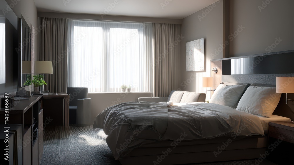 Sunlight streams into a modern hotel room, illuminating a neatly made bed and stylish furnishings. Sunlight streams into a modern hotel room, illuminating a neatly made bed and stylish furnishings.