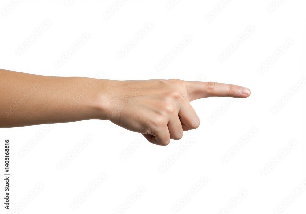 A hand with the index finger extended pointing to the right side on a white background image view A hand with the index finger extended pointing to the right side on a white background image view