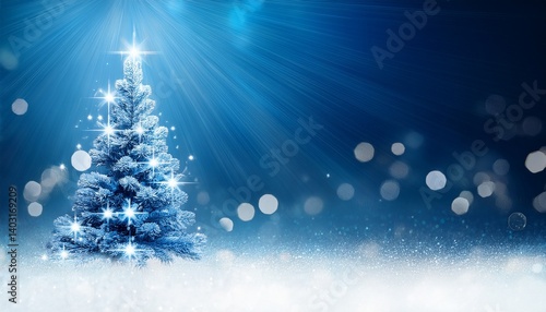 Blue light and christmas tree on white defocused sparkles