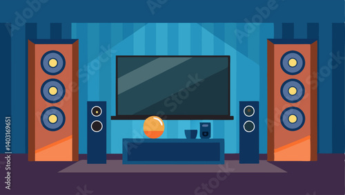 A wallmounted TV in a media room with surround sound speakers.