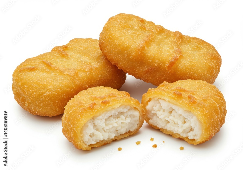 A close up shot of crispy golden chicken nuggets with one cut open on a white background plain scene A close up shot of crispy golden chicken nuggets with one cut open on a white background plain scene
