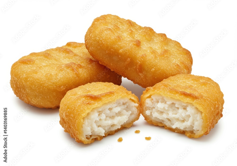 Close up of golden fried chicken nuggets with one nugget cut in half on a white background Close up of golden fried chicken nuggets with one nugget cut in half on a white background