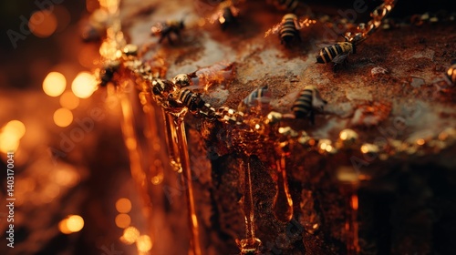 Close-Up of Golden Honeycomb Dripping Honey with Bees on Rustic Surface