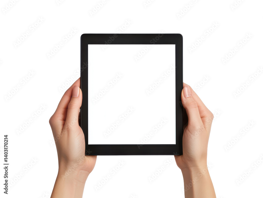 Person holding a tablet device with a blank white screen against in a studio shot Person holding a tablet device with a blank white screen against in a studio shot