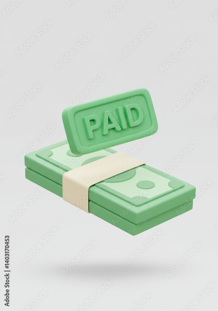 3D Stack of Dollar Bills with “PAID” Label Representing Completed Payment or Transaction 3D Stack of Dollar Bills with “PAID” Label Representing Completed Payment or Transaction
