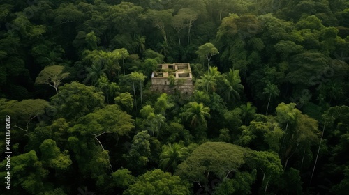 Overgrown Ruins in Lush Rainforest - Aerial View