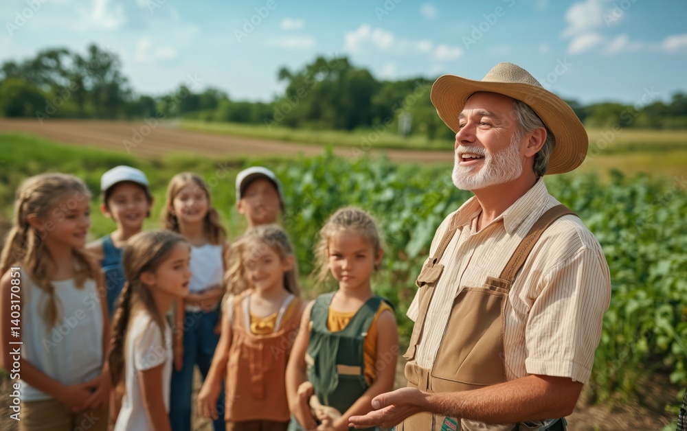 Fototapeta premium A Farmer Shares His Passion with Young Students in a Beautiful Rural Setting