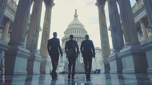 Federal workers in professional attire walking confidently through government building hallway. Public service, bureaucracy, administration and civil servant concepts.