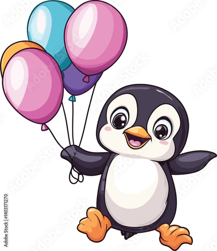 Cute Penguin Flying With Balloons Cartoon Vector