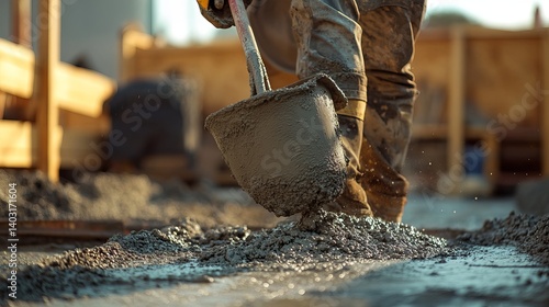 Concrete worker pouring cement into foundation form. Featuring precision and technique