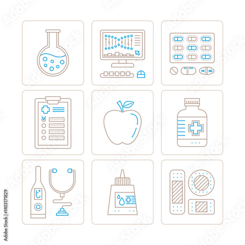 Set of vector healthcare or medicine icons and concepts in mono thin line style