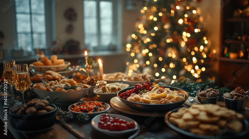 Fototapeta premium Festive Christmas table, food, home, winter, celebration, lights, blurry tree, family gathering