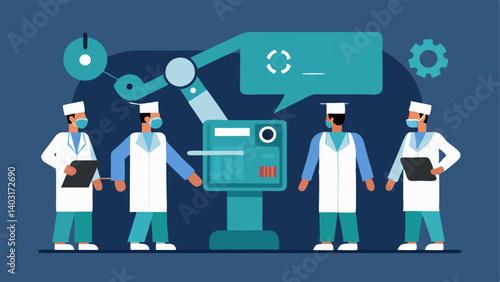 Team Briefing A surgical team surrounding a digital display that presents patient data and surgical plans with a robotic arm ready to assist during the upcoming operation.